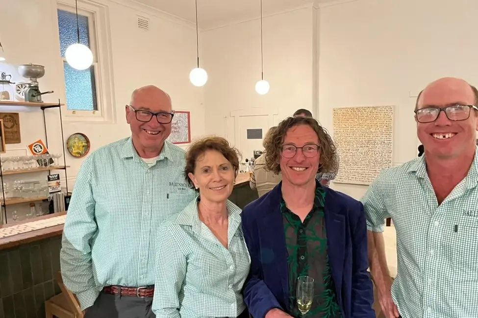 <p>Peter, Cath and Mullany from Ballinaclash celebrating with their wine maker, Chris Derrez.</p>\\n