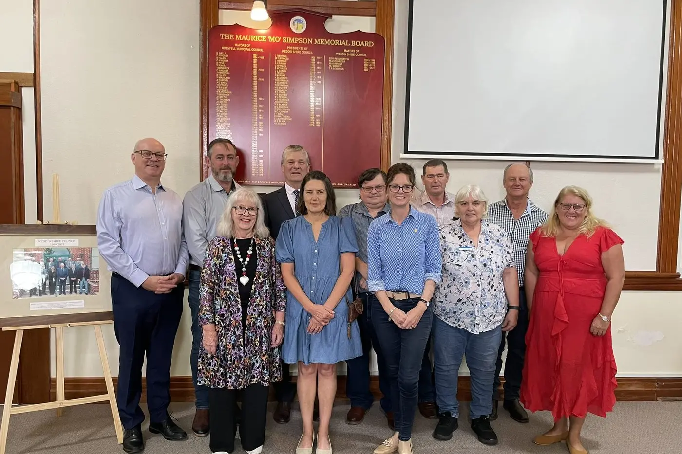  Weddin Shire Councillors,  Mo\\u2019s daughter Denise Fennell and Steph Cook MP at the unveiling of the Memorial Board. Image supplied.