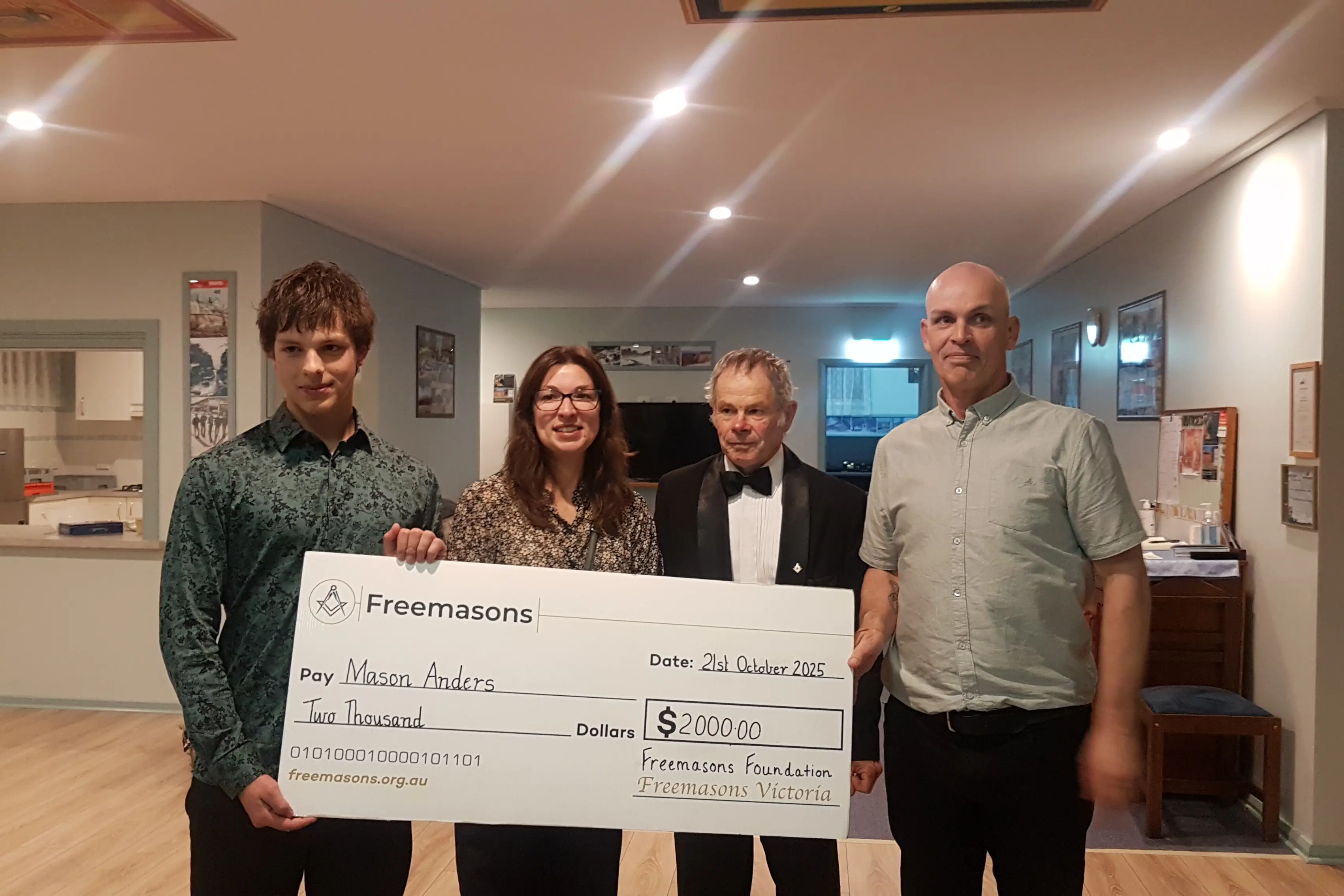 <p>FUTURE FUNDING: Scholarship recipient Mason Anders (left)  his mother Leanne and father Dean (right) are pictured with James Rogers. PHOTOS: Bright Lodge of Unity</p>\\n