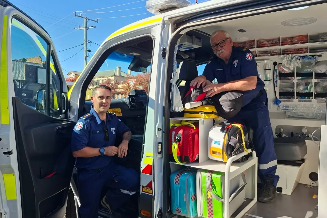 <p>Stephen and Ian during one last trip on the ambulance.</p>\\n