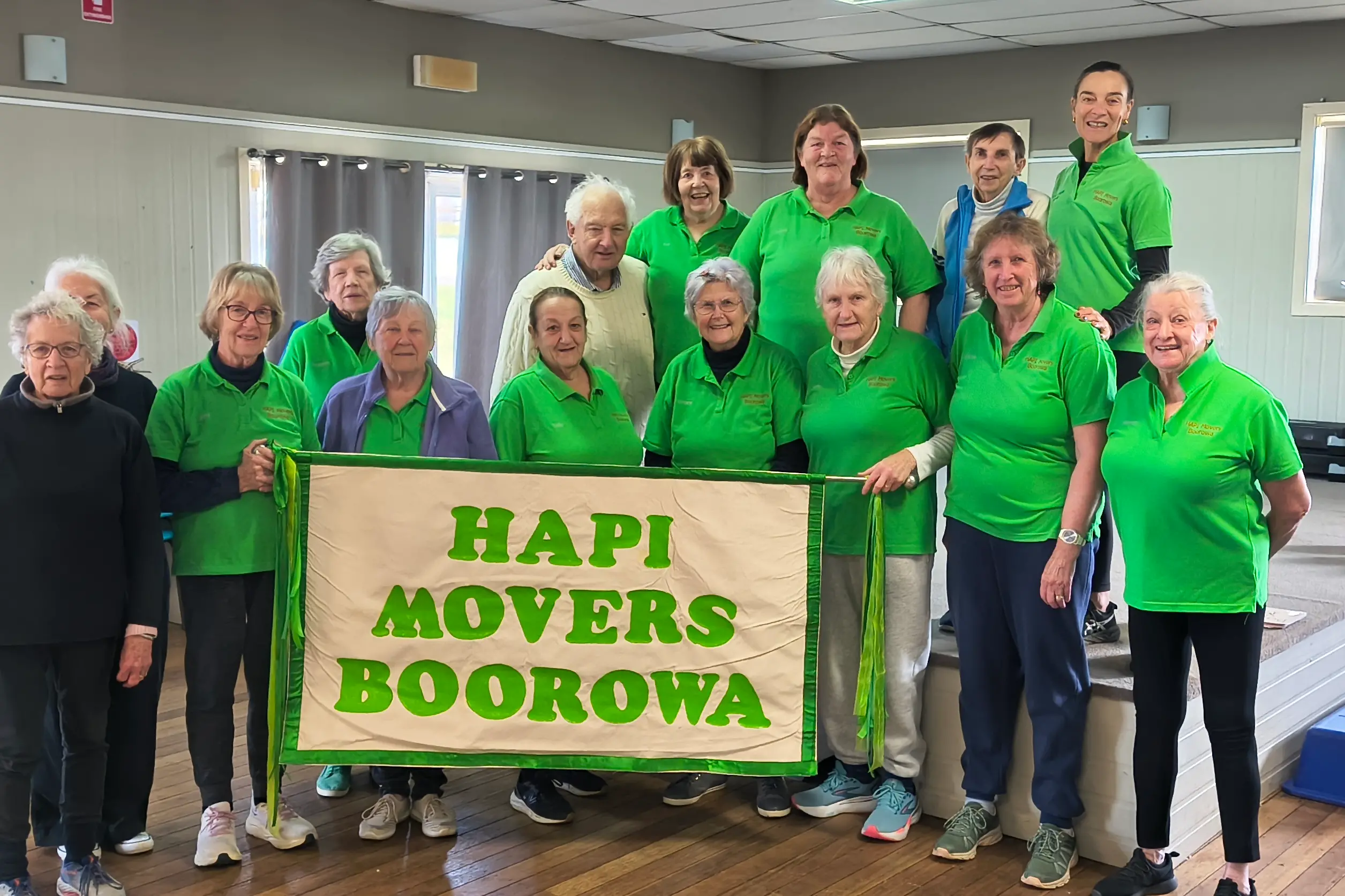 <p>HAPI Movers Boorowa. Coral Downey, Glynis Dymock, Trish Shea (Behind), Jenny Reid, Elizabeth Mason, Gaye Edwards, Sadi Murphy, Chris Carter, Roz Cummings, Lorraine Verness, Joanne Johnson, Jenny Carter, Carol Harpley, Christine Shean, Bernie McGrath, Sharman Darnell</p>\\n