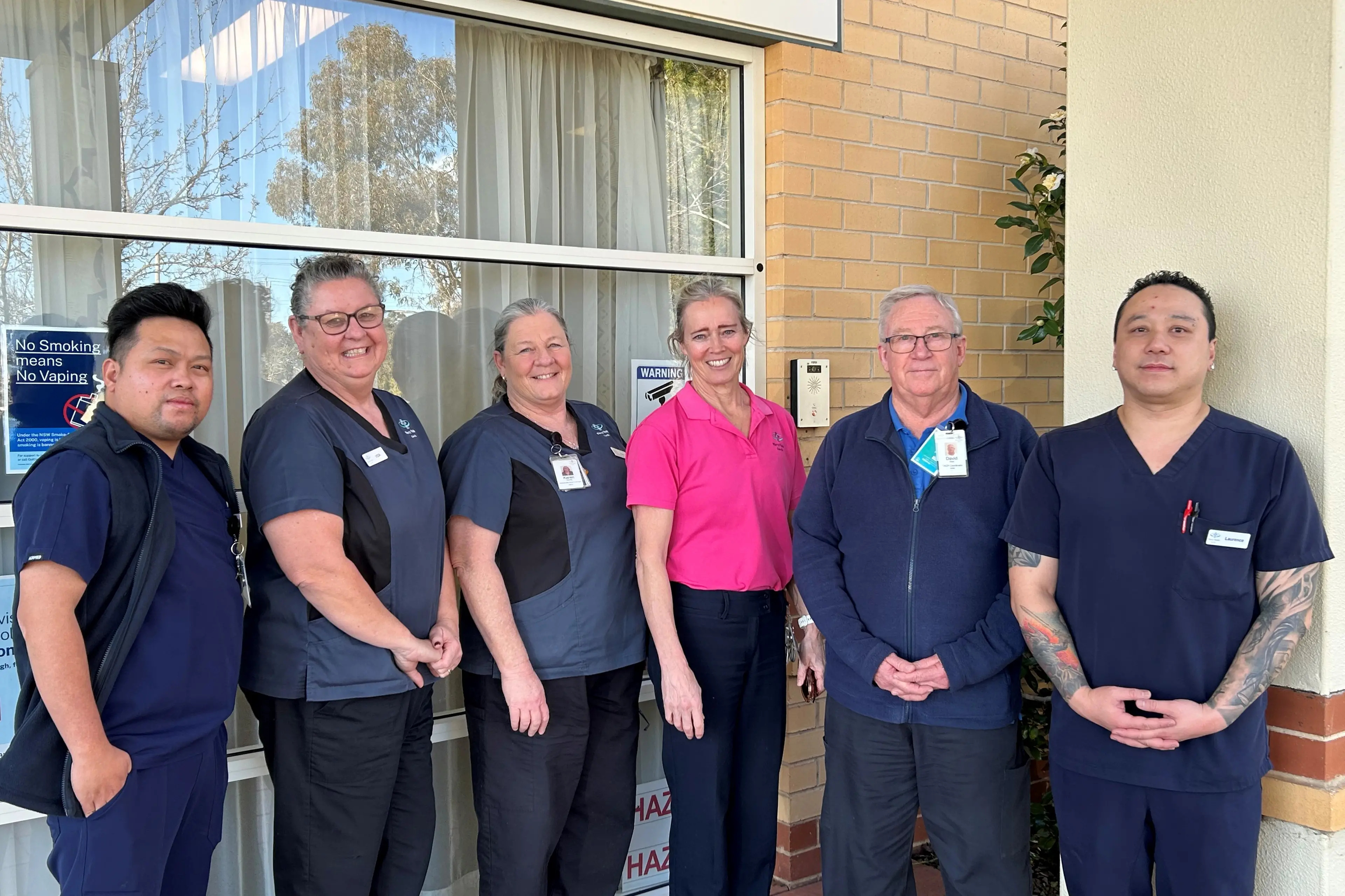 <p>Mercy Care Centre Young staff, from left, Kent Salabas, RN; Vida Hills, administration officer; Karen Kearsley, ward clerk; Jane Anderson, diversional therapist; David Small, Transitional Aged Care Package coordinator; and Laurence Daet, inpatient nursing NUM.</p>\\n