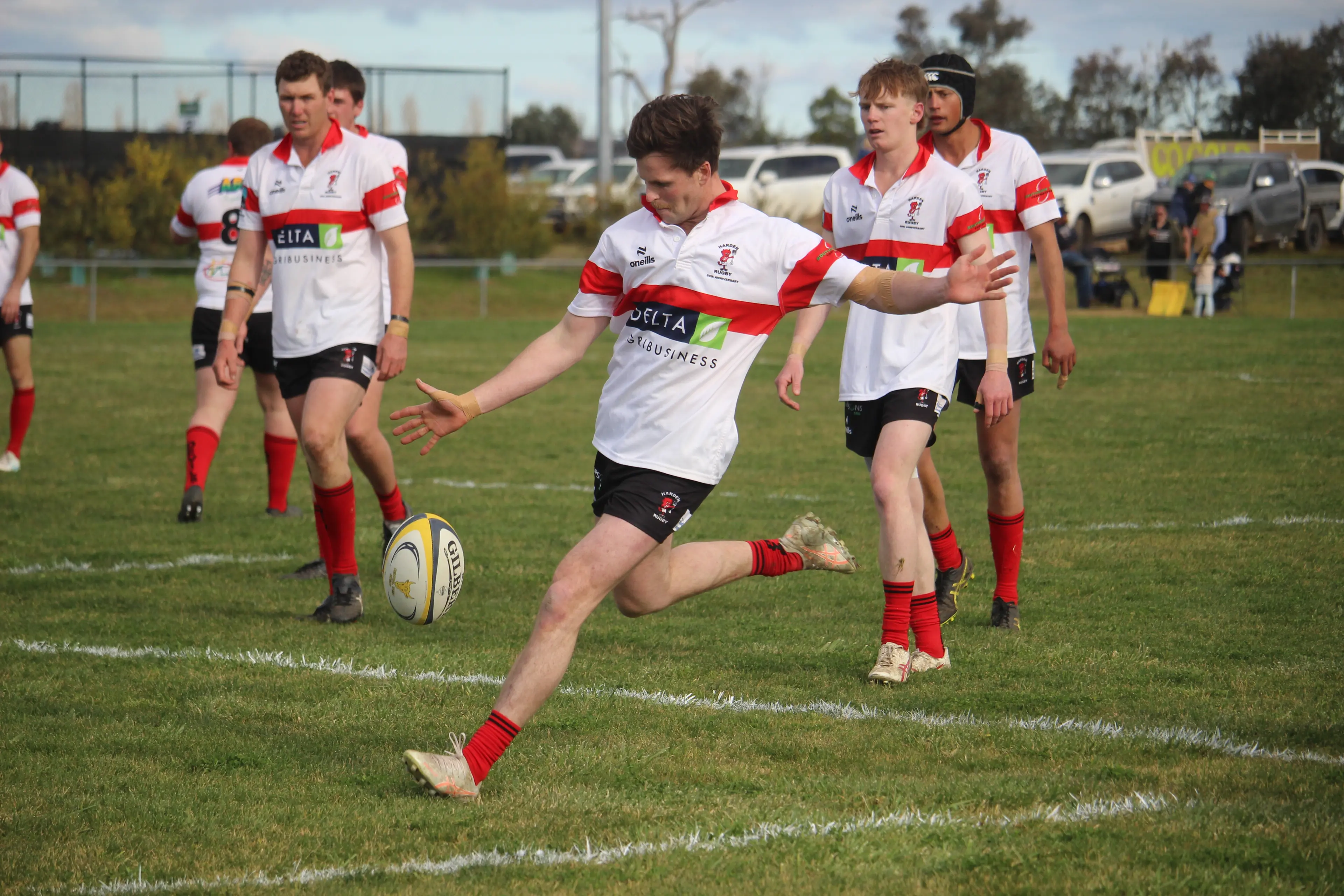 <p>Devils fullback Joe Stewart kicks for touch in the grand final against Boorowa.</p>\\n
