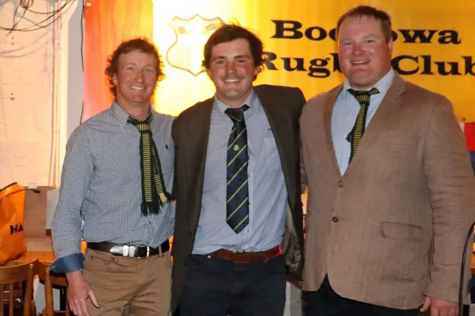 <p>Boorowa Rugby Club players\\' player Will Harborne with coach Mark Poplin (left) and captain Keagan Size (right). PHOTO: Boorowa Rugby Club</p>\\n