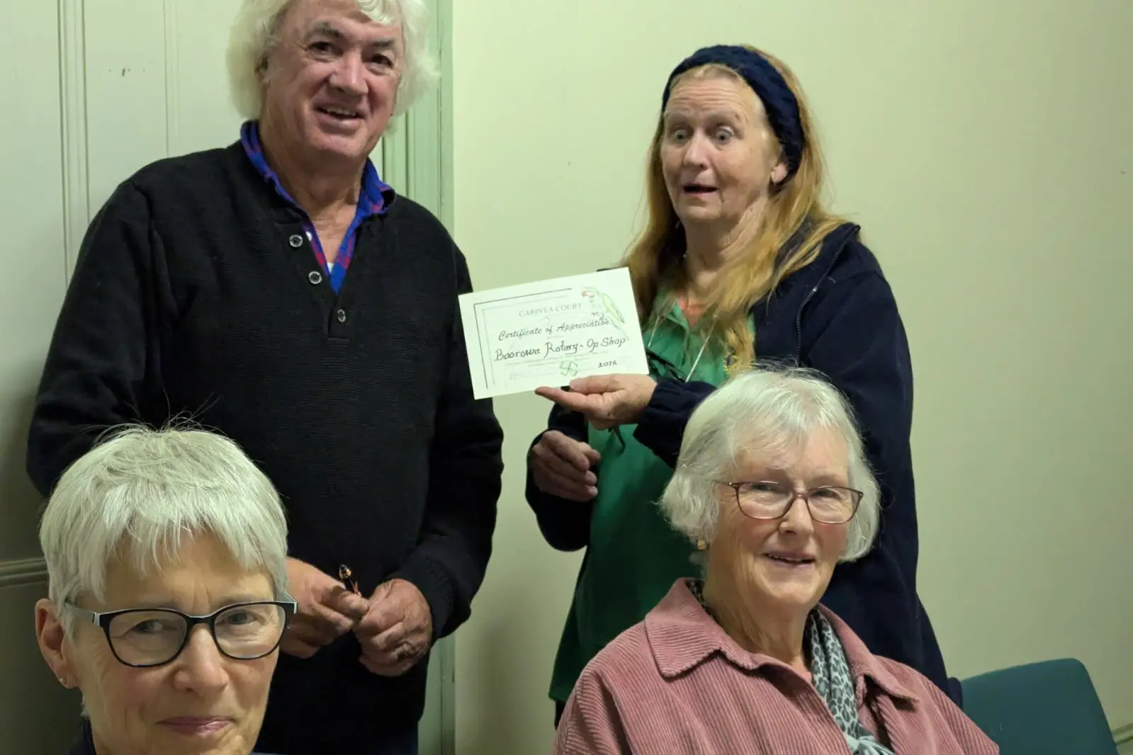 <p>Carinya Court chair Garry Southwell acknowledges the generous funding from Lyn Diskon. Also present are incoming secretary Anne Johnson and Maria Stanton. PHOTO: Supplied</p>\\n