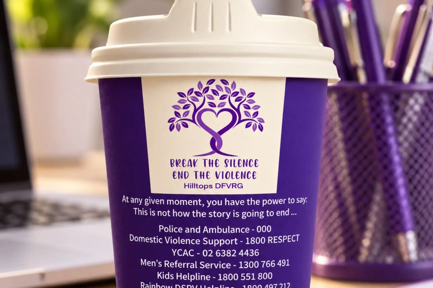<p>Special purple takeaway coffee cups featuring domestic and family violence support contacts will be available at participating Hilltops cafes as part of the Paint the Hilltops Purple awareness campaign on November 20.</p>\\n