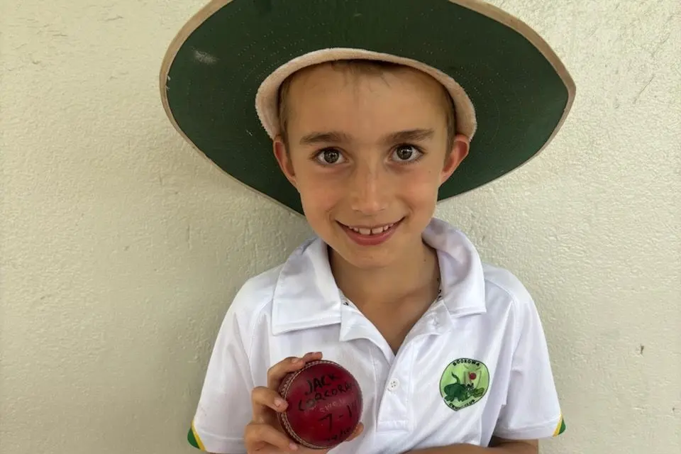 <p>Jack Corcoran with the game ball after his 7 wicket haul. PHOTO: Andrew Corcoran </p>\\n