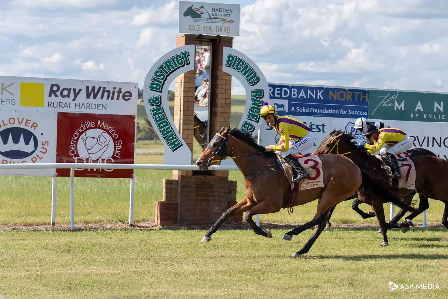 <p>Pickaxe crossed the line first, with jockey Leigh Taylor unable to contain his joy. PHOTO: ASP Media</p>\\n
